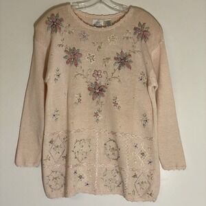 T R Bentley Sweater Womens Small Pink Floral Beaded Embroidered Feminine Granny